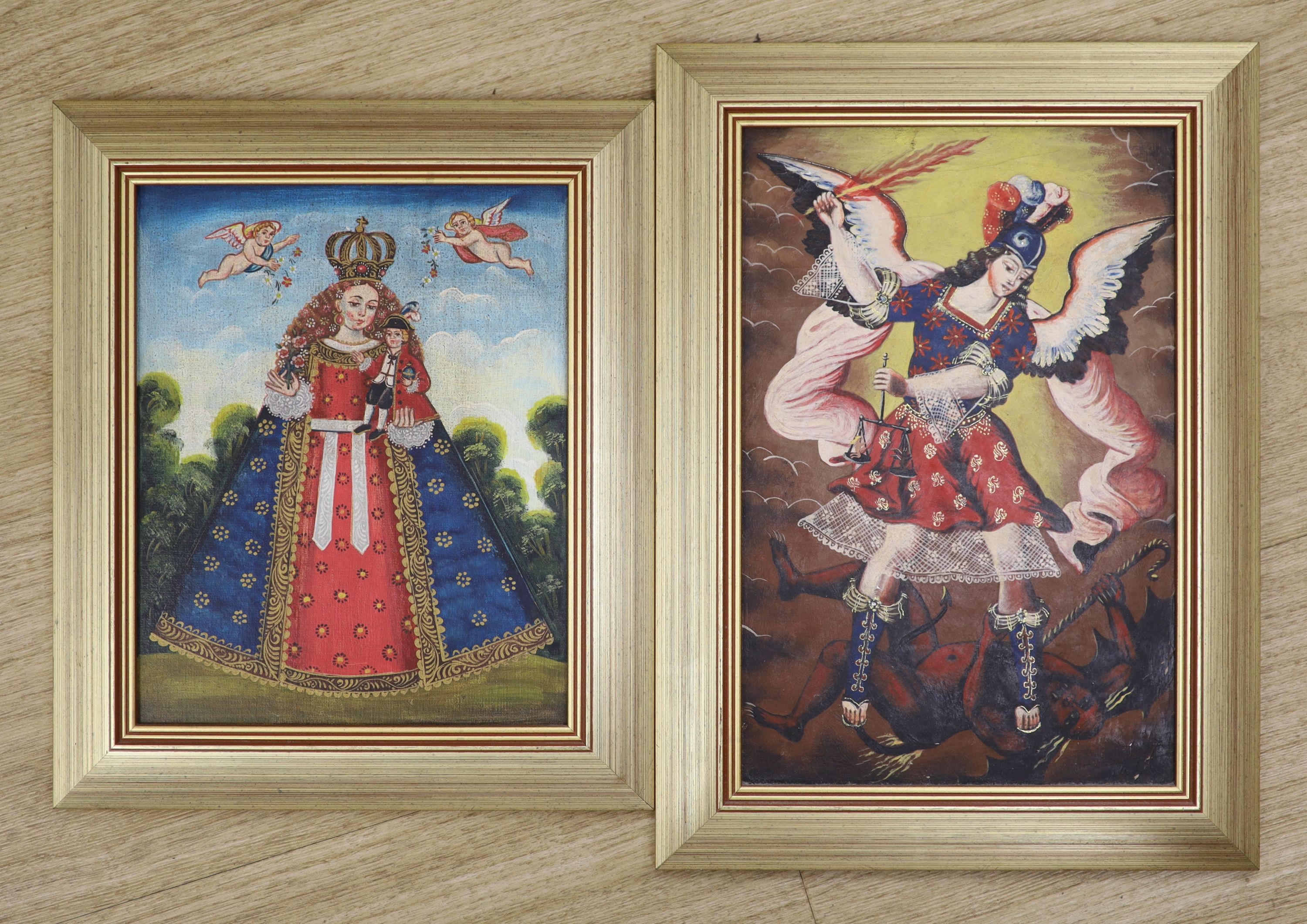 Cuzco School, two oils on board, Saint and the devil and Portrait of a Queen, 30 x 20cm and 24 x 20cm
